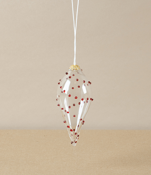 Nepalese Bauble, Mouth Blown, Clear/Red, Spots
