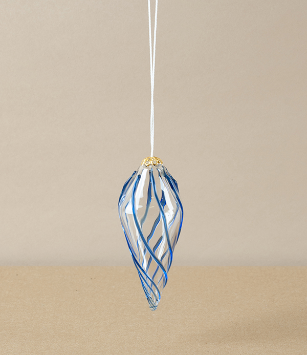 Nepalese Bauble, Mouth Blown, Clear/Blue, Twist