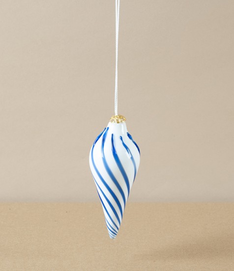 Nepalese Bauble, Mouth Blown, White/Blue, Twist