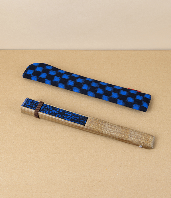 Kurume Kasuri Folding Fan with Pouch, Ichigma Navy