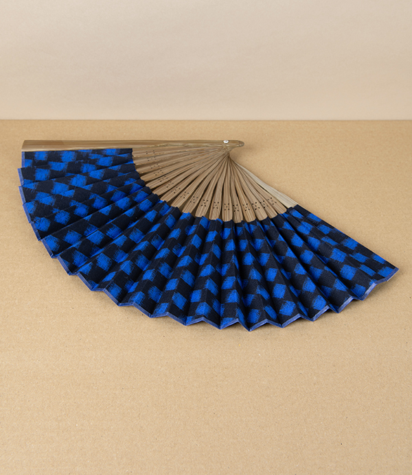Kurume Kasuri Folding Fan with Pouch, Ichigma Navy