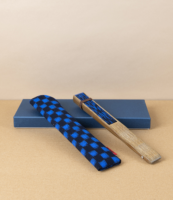 Kurume Kasuri Folding Fan with Pouch, Ichigma Navy