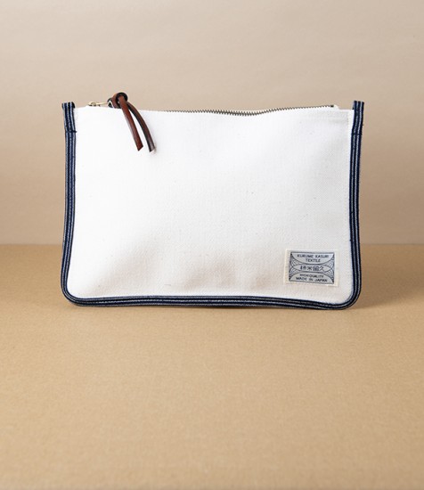 Kurume Kasuri Japanese Denim Pouch, Canvas Cream