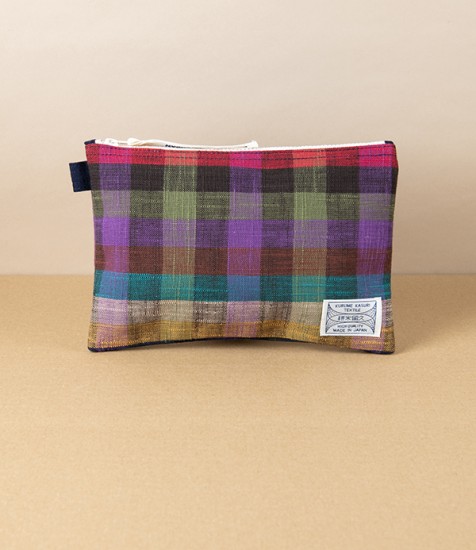 Kurume Kasuri Cotton Pouch, Colourful Checks