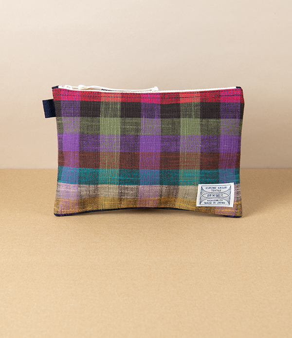Kurume Kasuri Cotton Pouch, Colourful Checks