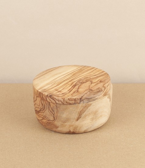 Turned olive wood shaving cup with lid