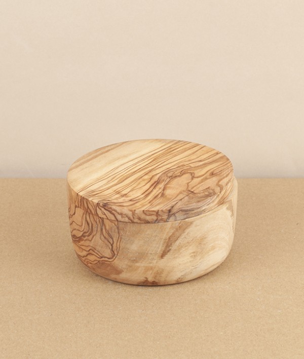 Turned olive wood shaving cup with lid