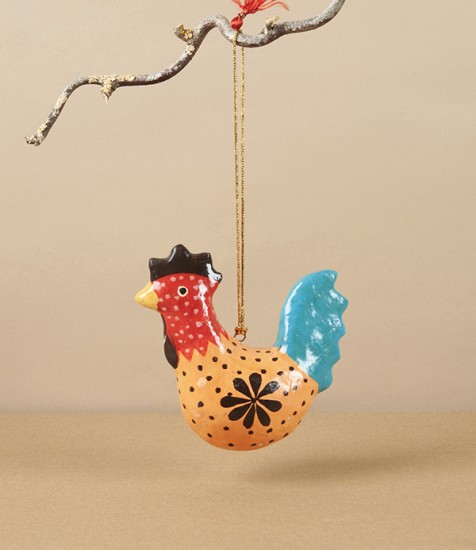 Hand Painted Paper Mâché Rooster Bauble