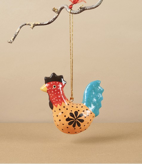 Hand Painted Paper Mâché Rooster Bauble