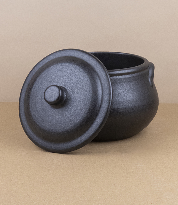 Portuguese terracotta small soup pot with lid, black