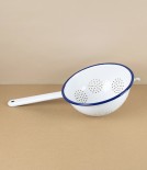 Hand-Held Enamel Colander with Hand-Painted Navy Rim