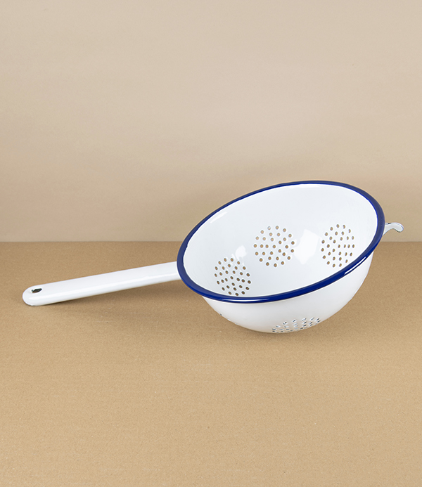 Hand-Held Enamel Colander with Hand-Painted Navy Rim