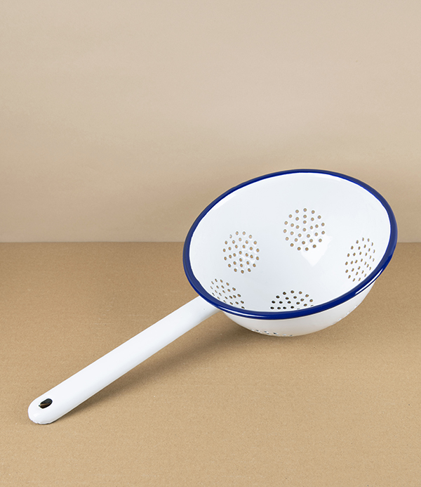 Hand-Held Enamel Colander with Hand-Painted Navy Rim