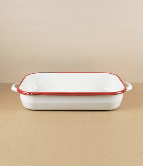 Romanian Enamel Roasting Pan with Hand-Painted Scarlet Rim