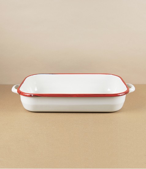 Romanian Enamel Roasting Pan with Hand-Painted Scarlet Rim