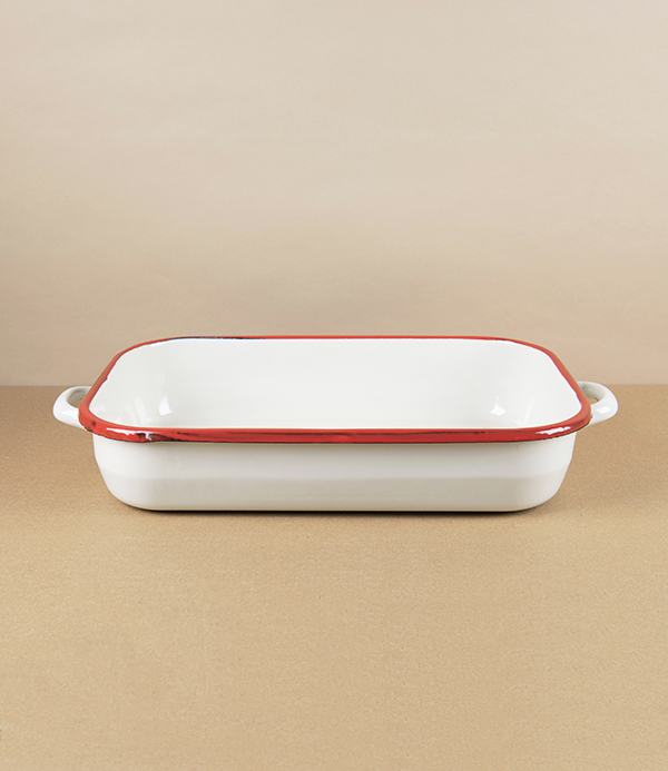 Romanian Enamel Roasting Pan with Hand-Painted Scarlet Rim