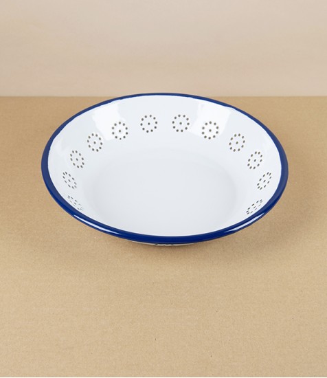 Romanian Enamel Basket for Bread with Hand-Painted Navy Rim