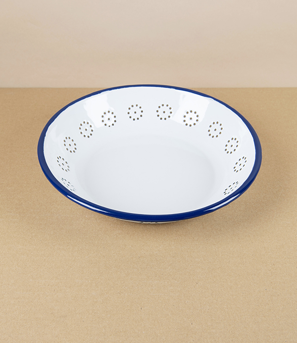 Romanian Enamel Basket for Bread with Hand-Painted Navy Rim