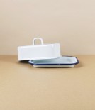 Romanian Enamel Butter Dish with Hand-Painted Navy Rim