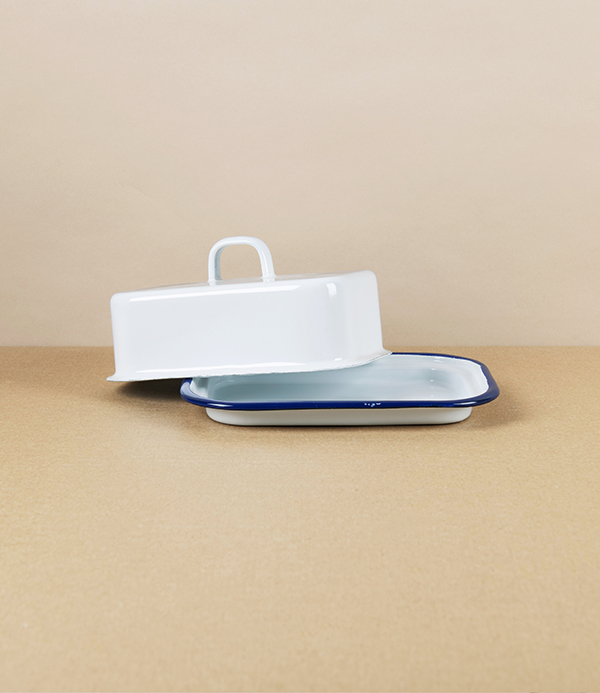 Romanian Enamel Butter Dish with Hand-Painted Navy Rim