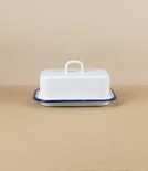 Romanian Enamel Butter Dish with Hand-Painted Navy Rim