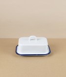 Romanian Enamel Butter Dish with Hand-Painted Navy Rim