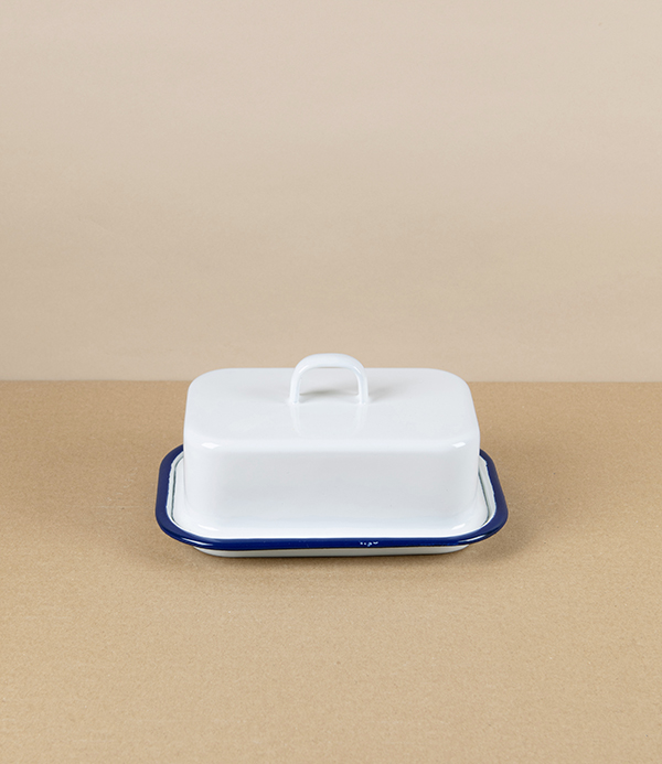 Romanian Enamel Butter Dish with Hand-Painted Navy Rim