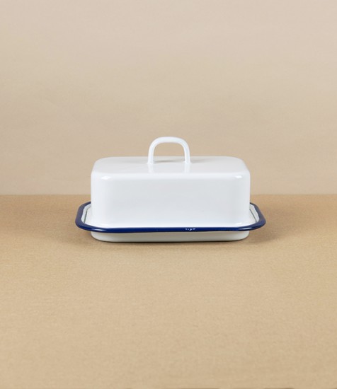 Romanian Enamel Butter Dish with Hand-Painted Navy Rim