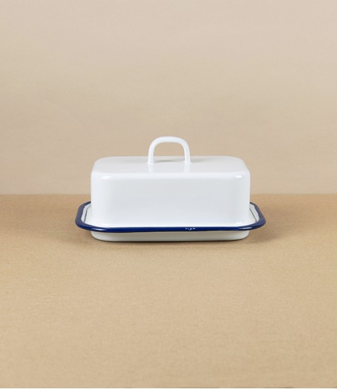 Romanian Enamel Butter Dish with Hand-Painted Navy Rim