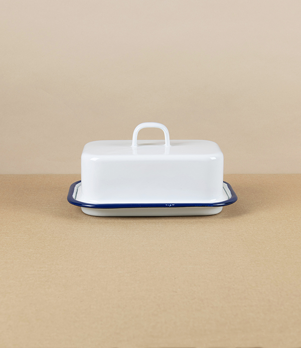 Romanian Enamel Butter Dish with Hand-Painted Navy Rim