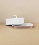 Romanian Enamel Butter Dish with Hand-Painted Scarlet Rim