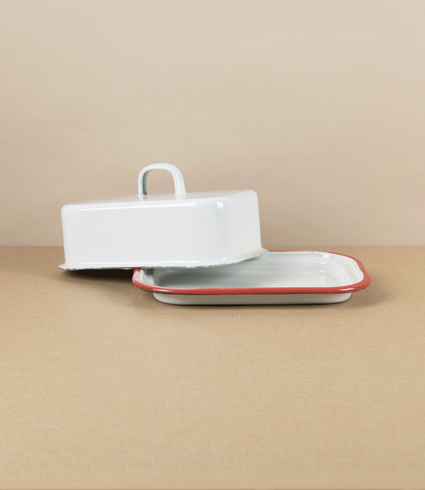 Romanian Enamel Butter Dish with Hand-Painted Scarlet Rim