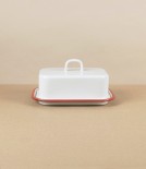 Romanian Enamel Butter Dish with Hand-Painted Scarlet Rim