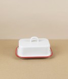 Romanian Enamel Butter Dish with Hand-Painted Scarlet Rim