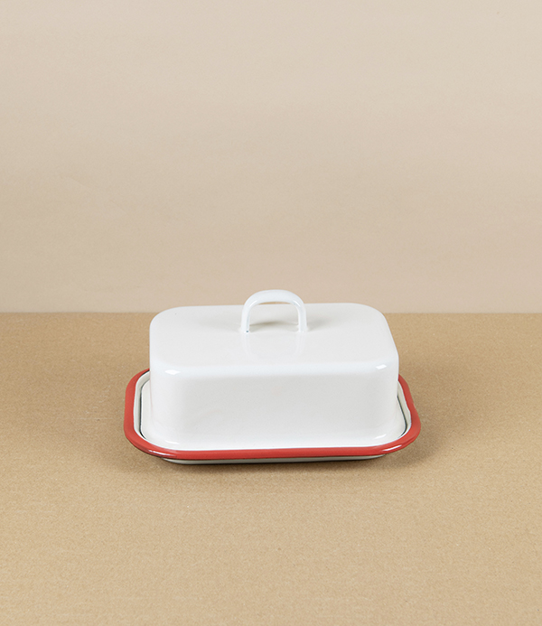 Romanian Enamel Butter Dish with Hand-Painted Scarlet Rim