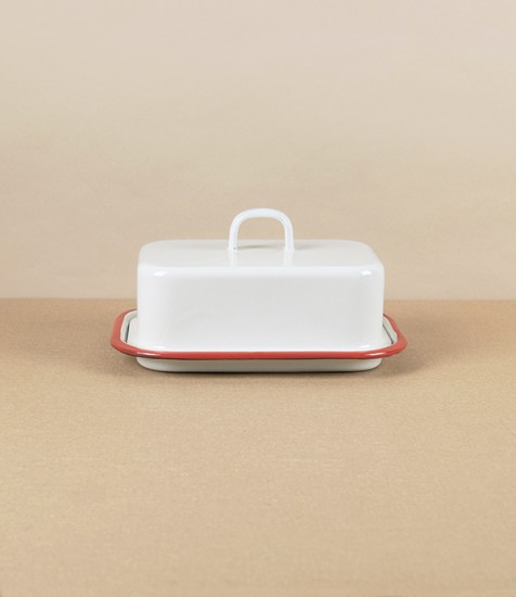 Romanian Enamel Butter Dish with Hand-Painted Scarlet Rim