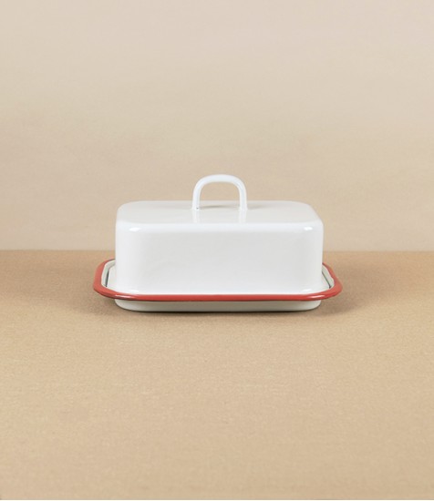 Romanian Enamel Butter Dish with Hand-Painted Scarlet Rim