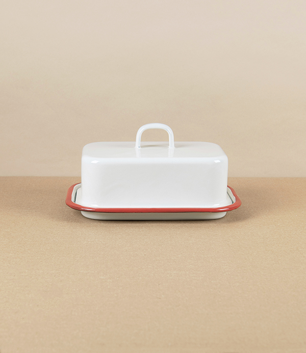 Romanian Enamel Butter Dish with Hand-Painted Scarlet Rim