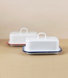 Romanian Enamel Butter Dish with Hand-Painted Scarlet Rim