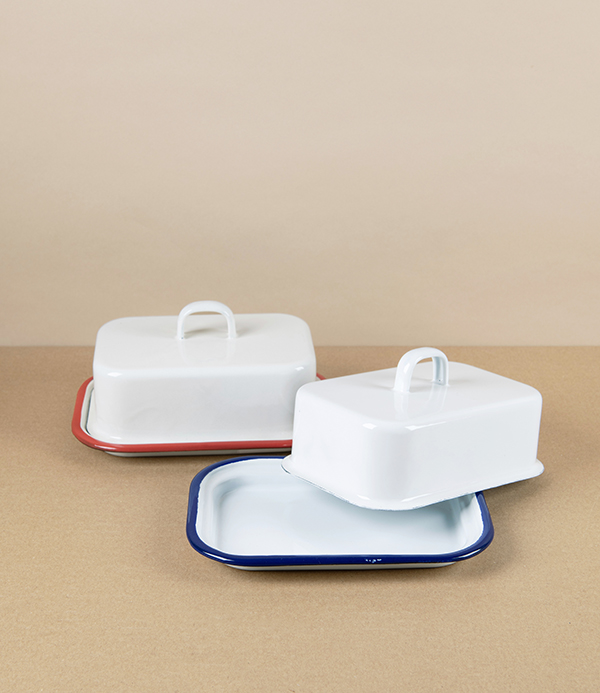 Romanian Enamel Butter Dish with Hand-Painted Navy Rim