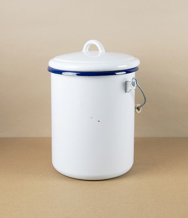 Romanian Enamel Caddy or Compost Bin with Hand-Painted Navy Rim