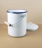 Romanian Enamel Caddy or Compost Bin with Hand-Painted Navy Rim