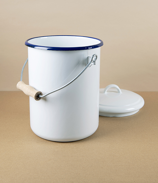 Romanian Enamel Caddy or Compost Bin with Hand-Painted Navy Rim