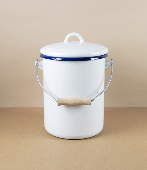 Romanian Enamel Caddy or Compost Bin with Hand-Painted Navy Rim