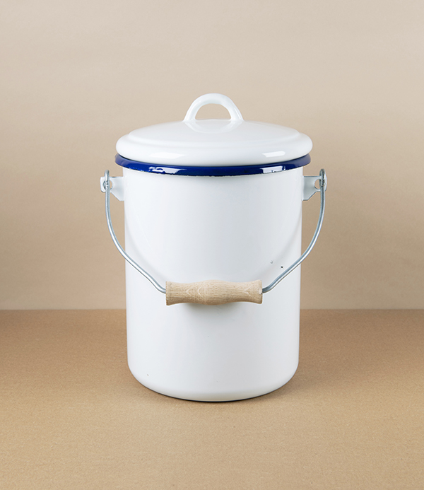 Romanian Enamel Caddy or Compost Bin with Hand-Painted Navy Rim