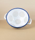 Romanian Enamel Freestanding Colander with Navy Rim