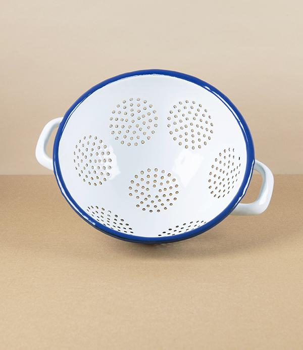 Romanian Enamel Freestanding Colander with Navy Rim