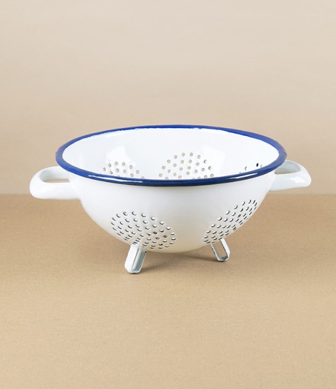 Romanian Enamel Freestanding Colander with Navy Rim