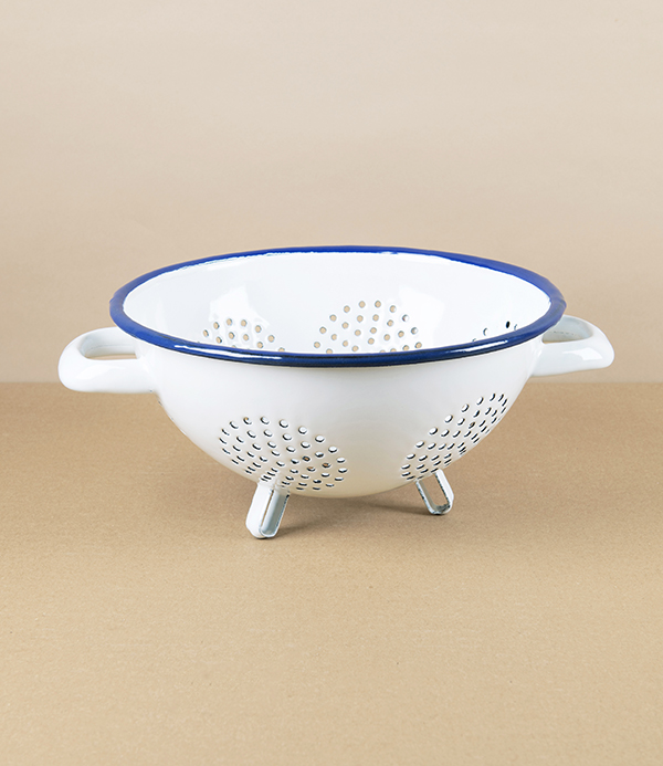 Romanian Enamel Freestanding Colander with Navy Rim