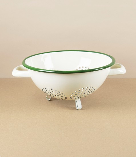 Romanian Enamel Freestanding Colander with Green Rim